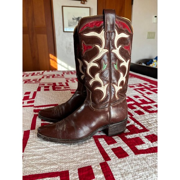 Vintage Frye Cowboy Boots Women's 8.5M (please read), brown, with red and white - Picture 4 of 10